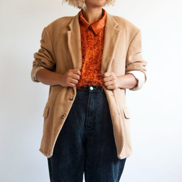 90s Mens Beige Camel Hair Blazer 46 XL Extra large / tan camel hair blazer / woo
